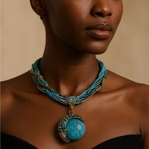 Beautiful Blue & Gold Tone Beaded Necklace Adjustable 11” Pendant Jewelry